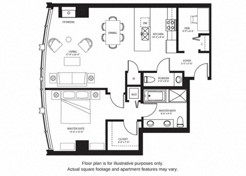 Floor plan for 1 bed, 1.5 baths, 1078 sqft